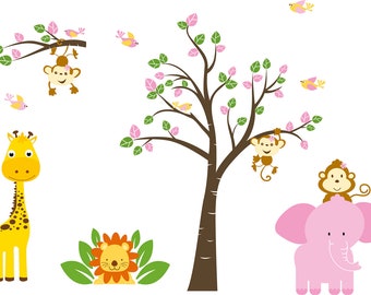 ON SALE childrens removable vinyl wall decal Girl Tree and tree branch with Elephant Giraffe Monkey Lion Birds great for any nursery