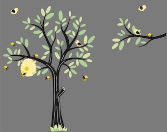 ON SALE Kids vinyl wall decal Tree with a tree branch set with birds bee hive and bumble bees