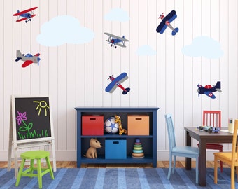 Childrens vinyl wall decal -  Vintage AirPlanes -  set of 6 and 4 clouds