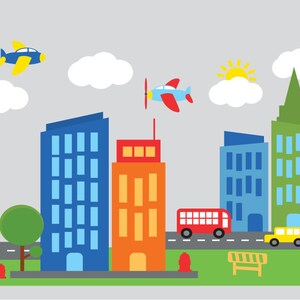 wall decals- Kids wall decals- city decal-  buildings decal-  vinyl wall decal-- nursery wall decals - sun decal - cars - tree - road decal