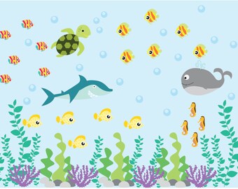 Wall decal - Nursery decal - under water - Ocean decal - shark decal - vinyl wall decal - Whale - Fish - Coral - Turtle