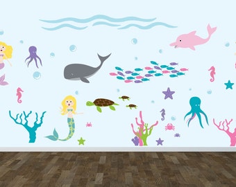 Wall decal - Nursery decal - under water - Ocean decal - Mermaid decal - vinyl wall decal - Dolphin - Whale - Fish - Coral - Turtle