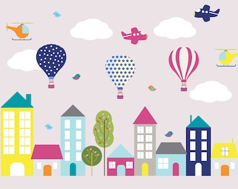wall decals- Kids wall decals- city decal-  buildings decal-  vinyl wall decal-- nursery wall decals - Hot air balloons