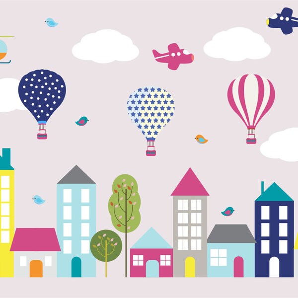 wall decals- Kids wall decals- city decal-  buildings decal-  vinyl wall decal-- nursery wall decals - Hot air balloons