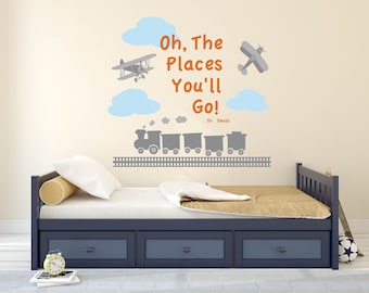 Nursery wall decals / buy wall decals / oh the places you'll go / vinyl wall decal / wall decals / plane decals / train wall decal