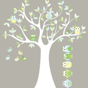 Kids tree vinyl wall decal with birds owls and pattern leaves with 5 FREE owls image 1