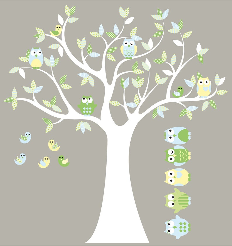 Kids tree vinyl wall decal with birds owls and pattern leaves with 5 FREE owls image 1
