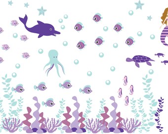 Wall decal - Nursery decal - under water - Ocean decal - mermaid decal - vinyl wall decal - Fish - Coral - seaweed - octopus