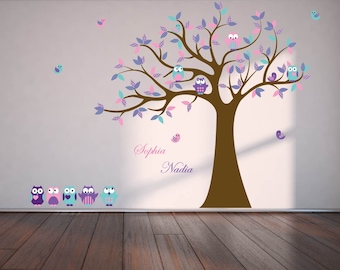 Kids wall decal for nursery - Vinyl tree decal - Owl tree decal - name decal - 5 Free owls