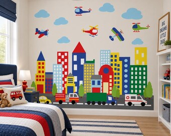 City Skyline Fabric Wall Decal, Peel and Stick Vinyl Mural For Nursery