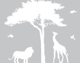 wall decals - Tree decal - Lion - Giraffe - African tree - vinyl wall decal - Nursery decals - children decal -  Africa tree