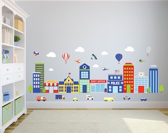 Nursery wall decal / city decal / building decal / vinyl wall decal / school decals /  cars decal  / planes clouds / police