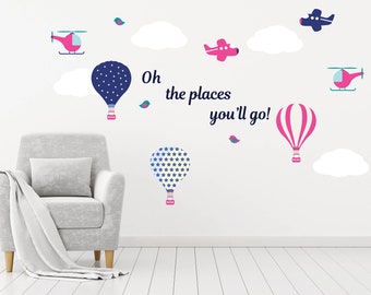 wall decals / Kids wall decals / plane decal / balloon decal /  vinyl wall decal / nursery wall decals / Hot air balloons / oh the places