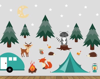Nursery wall decal / camping decal / pine tree decal / vinyl wall decal / mountain decals /  moon stars decal  / woodland animlas / tent