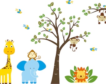Jungle decal set - giraffe decal - elephant decal - tree and branch set decals - lion, birds, monkeys, vinyl wall decal, nursery wall decals