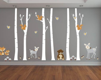 Nursery decals - Birch trees - Wall decal - tree decal - Forest - Bear decal -  deer decals - Fox decal - set of trees - Vinyl tree decal