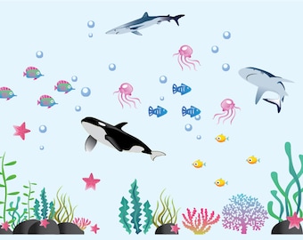Wall decal - Nursery decal - under water - Ocean decal - shark decal - vinyl wall decal - Whale - Fish - Coral - seaweed - octopus