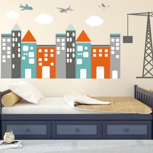 wall decals / Kids wall decals / sticker ville / sticker bâtiments / vinyl sticker mural / nursery wall decals / avion décalques / grue