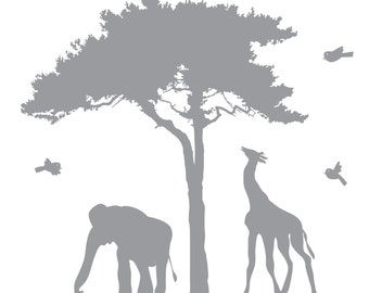 wall decals - Tree decal - Elephant - Giraffe - African tree - vinyl wall decal - Nursery decals - children decal -  Africa tree