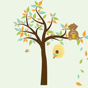 nursery decals -- bear decal - tree decal - bee hive decal - vinyl wall decal - nursery wall decals bees