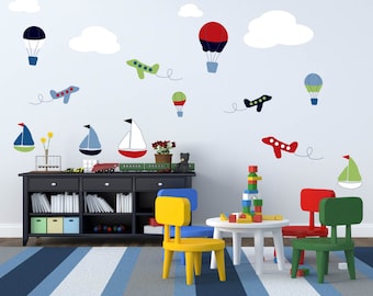 Custom Nursery decals - Children's decals - Vinyl wall decals - Hot air balloons - Sail boat decal - plane decals -  clouds - Big set