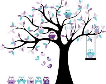 wall decals - Tree decal - Vinyl tree - Owl tree decal - Nursery tree - 5 Free owls