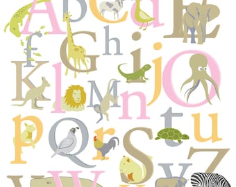 Kids Letters of the Alphabet with animals Pastel Girl removable nursery vinyl wall decal