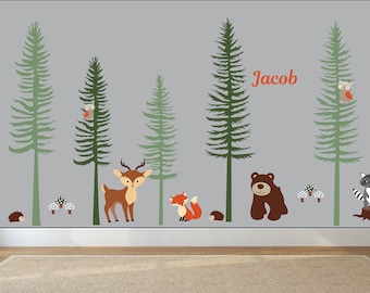 Nursery decals - Pine trees - Wall decal - kids decals - Forest - Bear decal -  deer decal - Fox - set of trees - Vinyl decal - Free name