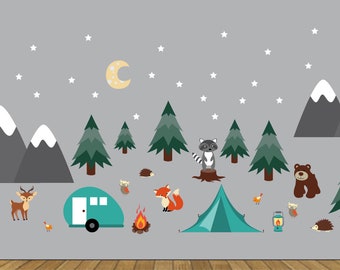 Nursery wall decal / camping decal / pine tree decal / vinyl wall decal / mountain decals /  moon stars decal  / woodland animlas / tent