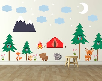 Nursery wall decal / camping decal / pine tree decal / vinyl wall decal / mountain decals /  moon stars decal  / woodland animlas / tent