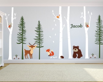 Nursery decals - Birch trees - Wall decal - Pine trees - Forest - Bear decal -  deer decal - Fox - set of trees - Vinyl decal - Free name
