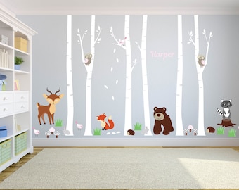 Nursery decals - Birch trees - Wall decal - tree decal - Bear decal - Forest -  deer decals - Fox decal - set of trees - Vinyl tree decal