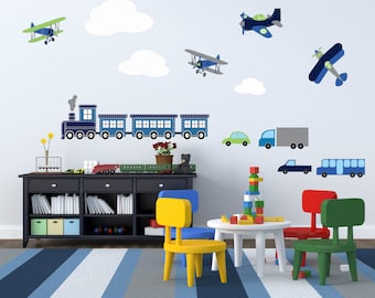 Nursery decals - Train decal - Plane decal - Vinyl wall decal - Clouds, cars, Trucks set