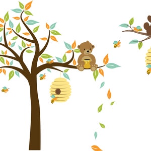 nursery decals -- bear decal - tree decal - tree branch - bee hive decal - vinyl wall decal - nursery wall decals bees