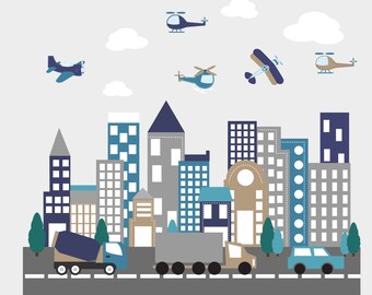 City Nursery Decal With Road Cars Trucks Planes | Peel and Stick Wall Mural Buildings