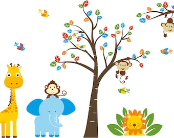 ON SALE childrens removable vinyl wall decal Tree and tree branch with Elephant Giraffe Monkey Lion Birds great for any nursery