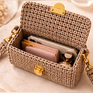 Könnte beinhalten: Eine beige gehäkelte Umhängetasche in rechteckiger Form mit goldfarbenen Metallbeschlägen. Die geöffnete Tasche enthält ein Smartphone, ein kleines rosa Portemonnaie und einen runden Kosmetikbehälter. Sie hat einen passenden Häkelriemen.