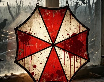 Bloody Umbrella Corp Stained Glass Suncatcher - Resident Evil Logo Hanging | Horror Gamer Accent | Thoughtful Gift for Gamer Room Decor