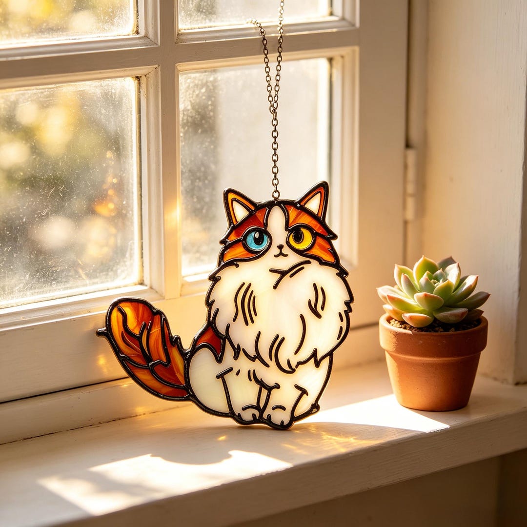 Ragdoll Cat Stained Glass Suncatcher - Cute Fluffy Kitty Window Hanging ...