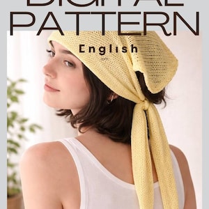 Könnte beinhalten: Eine Frau trägt ein gelbes Stricktuch mit langen Bändern. Das Bild enthält den Text "Beginner DIGITAL PATTERN English". Das Tuch ist hellgelb und scheint handgefertigt zu sein.