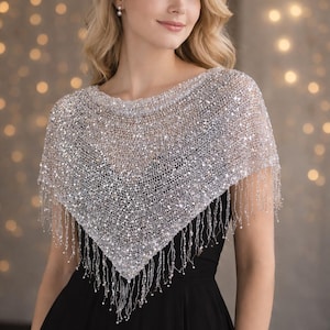 Hand Knit Silver Sequin Shawl, Sparkly Triangle Wrap, Elegant Evening Scarf