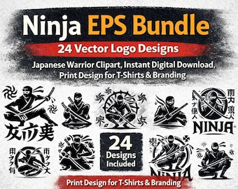 忍者SVGバンドル – 20種類のベクターロゴデザイン、日本の武士のクリップアート、即時デジタルダウンロード、Tシャツやブランディング用の印刷デザイン
