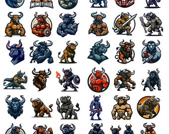 ミノタウロスSVGブルマスコットバンドル、怒ったブルロゴ、戦士神話上の生き物クリップアート、即時デジタルダウンロード、印刷デザイン、ブルヘッドPNG