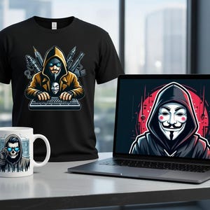 Mascotte hacker SVG EPS, download digitale istantaneo, design di stampa, logo di sicurezza informatica, pacchetto vettoriale di eSport, clipart anonimo, emblema di gioco