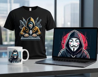 ハッカーマスコットSVG EPS、インスタントデジタルダウンロード、印刷デザイン、サイバーセキュリティロゴ、eスポーツベクターバンドル、匿名クリップアート、ゲームエンブレム