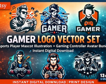 ゲーマーロゴベクターセット、eスポーツ選手マスコットイラスト、ゲームコントローラーアバターバンドル、インスタントデジタルダウンロード、印刷デザイン