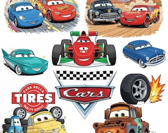 漫画風レースカーPNGバンドル53画像、車のクリップアートセット、レーシングカーキャラクター、子供向け漫画乗り物、即時デジタルダウンロード印刷デザイン