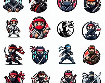忍者マスコットロゴバンドル 22個の忍者キャラクターSVGアイコン、漫画サムライアサシンマスコットクリップアートパック、即時デジタルダウンロード、印刷デザイン