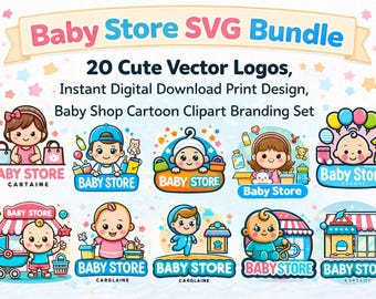 ベビーショップ向けSVGバンドル 20種類のかわいいベクターロゴ、インスタントデジタルダウンロード可能な印刷デザイン、ベビーショップ向け漫画クリップアートブランディングセット