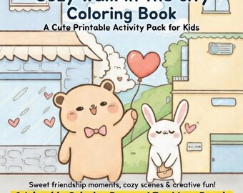 居心地の良いクマとウサギのぬり絵ブック（印刷可能なPDF）– 6つの子供向けぬり絵ページ、迷路パズル、切り絵ドレスアップアクティビティ、PNG+PDFファイルの即時ダウンロード
